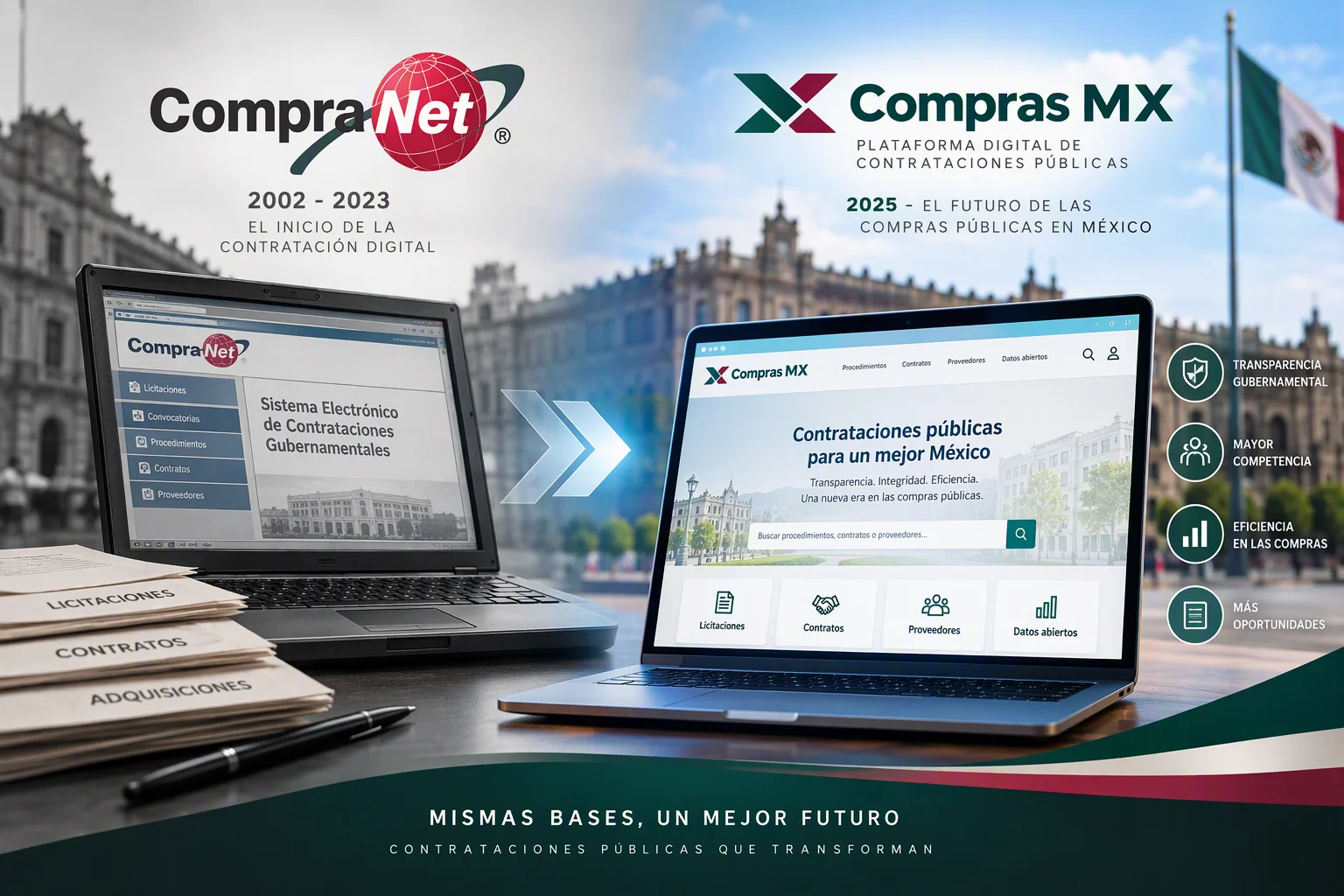Evolución de CompraNet a Compras MX, plataforma digital de contrataciones públicas del Gobierno de México para licitaciones, adquisiciones y transparencia gubernamental