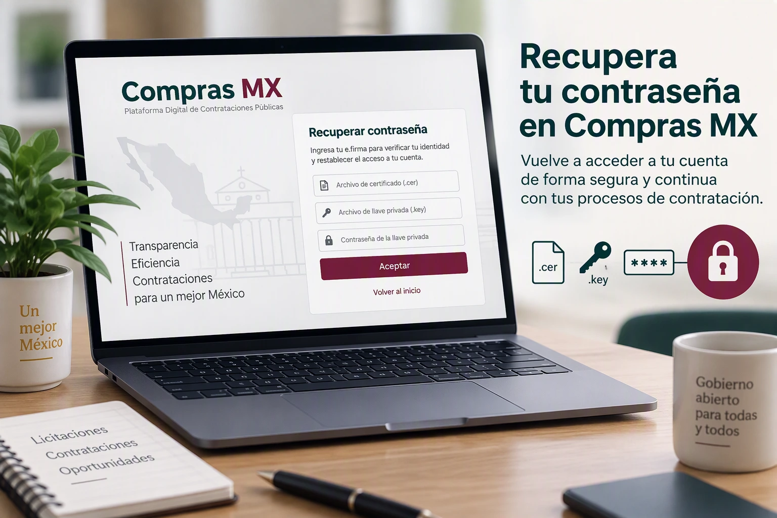 Recuperación de contraseña en Compras MX mediante e.firma vigente.