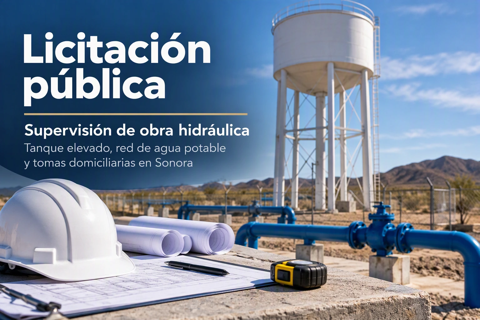 Tanque elevado y red de agua potable en El Desemboque de los Seris, Sonora.