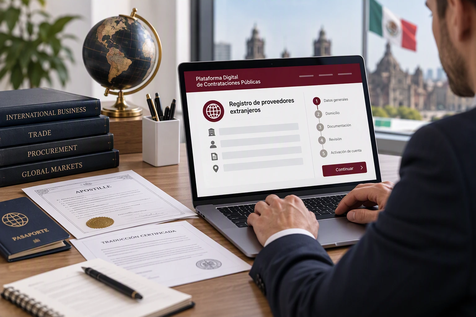 Registro de proveedor extranjero en Compras MX con documentación internacional.